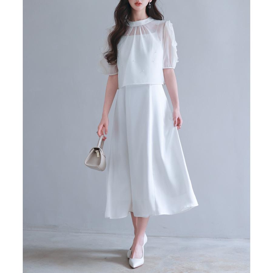 ワンピース レディース キャミワンピース ブラウス 2点セット 前後2way キャミワンピ サテン生地 オーガンジー素材 シアー ボウタイ リボン パ |  | 09