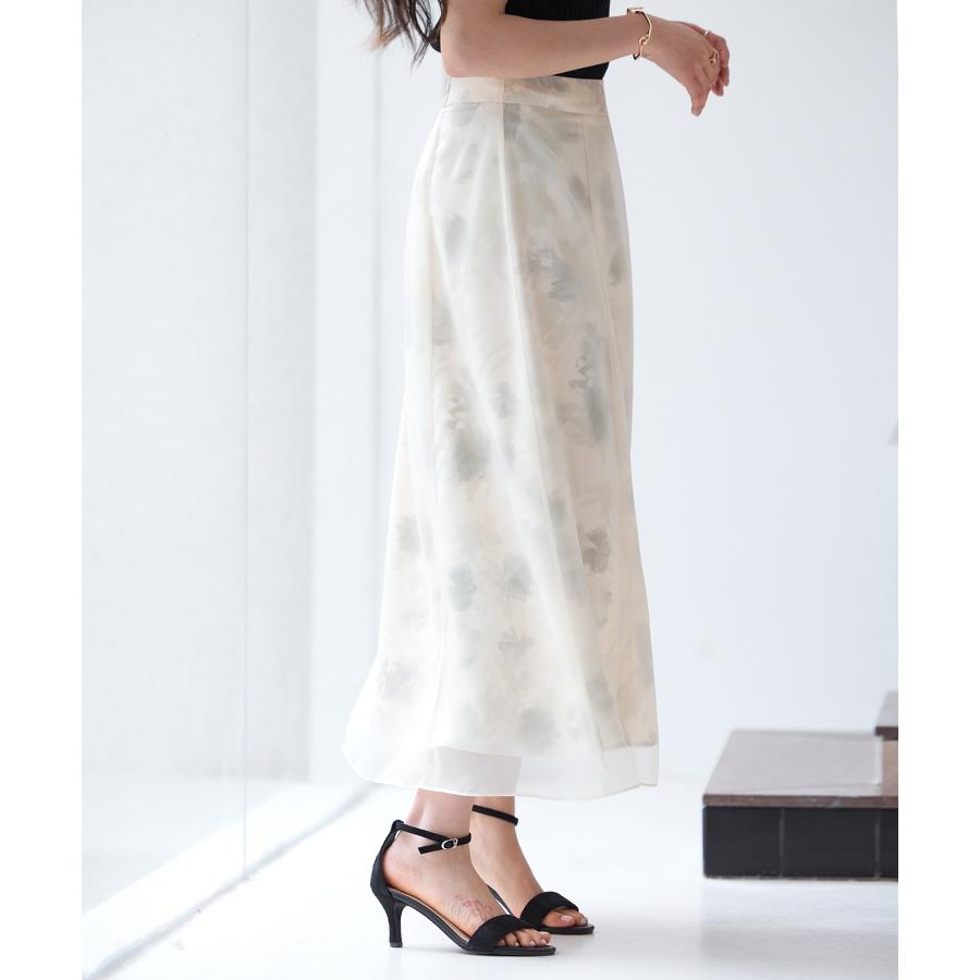 スカート レディース ボトムス ハイウエストスカート ミモレ丈 ハイウエスト ソフトオーガンジー 透け感 シアー感 サテンプリント 裏地付き バックゴ |  | 05