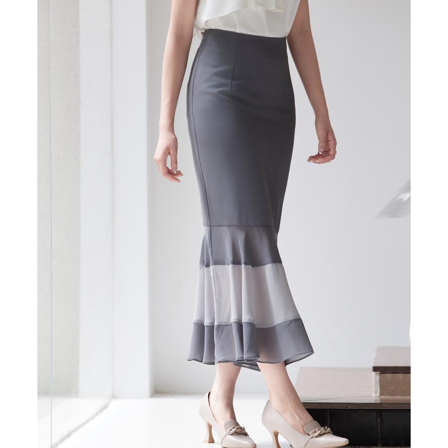 スカート レディース ボトムス ハイウエスト ロング丈 マーメイドシルエット タイトシルエット フィット感 裾配色 シフォン素材 透け感 シアー感 バ |  | 11