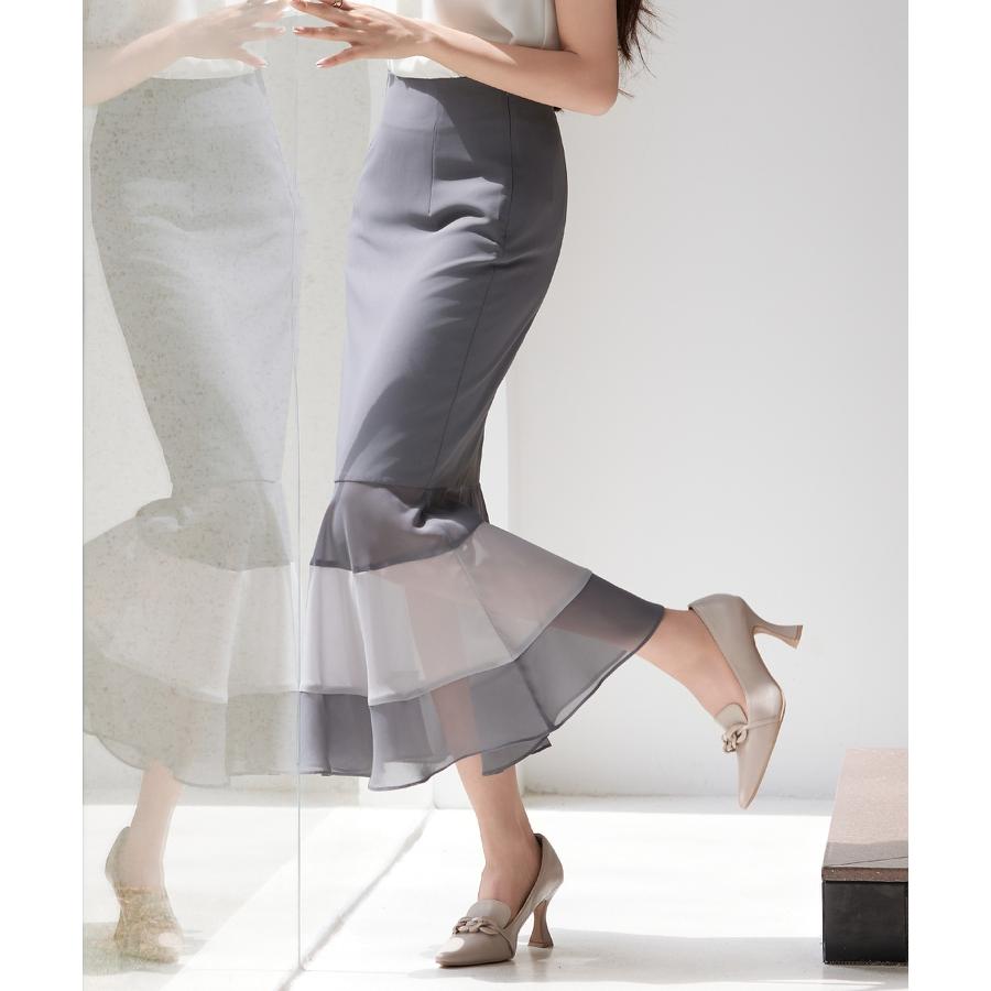 スカート レディース ボトムス ハイウエスト ロング丈 マーメイドシルエット タイトシルエット フィット感 裾配色 シフォン素材 透け感 シアー感 バ |  | 12