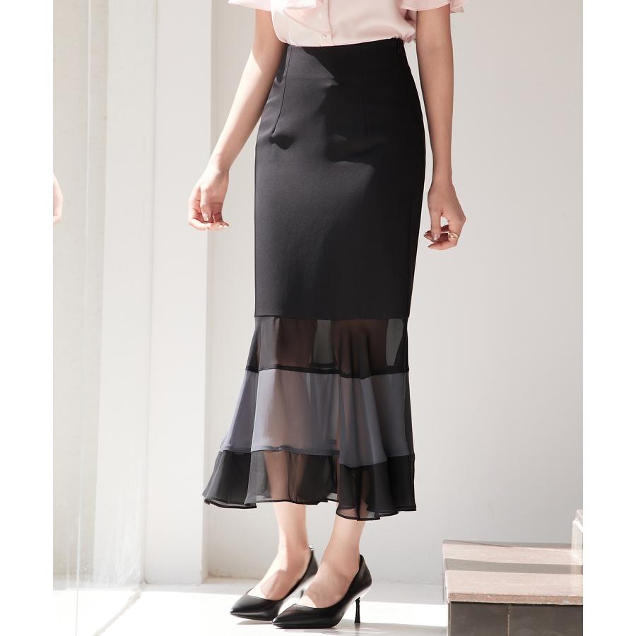 スカート レディース ボトムス ハイウエスト ロング丈 マーメイドシルエット タイトシルエット フィット感 裾配色 シフォン素材 透け感 シアー感 バ |  | 14