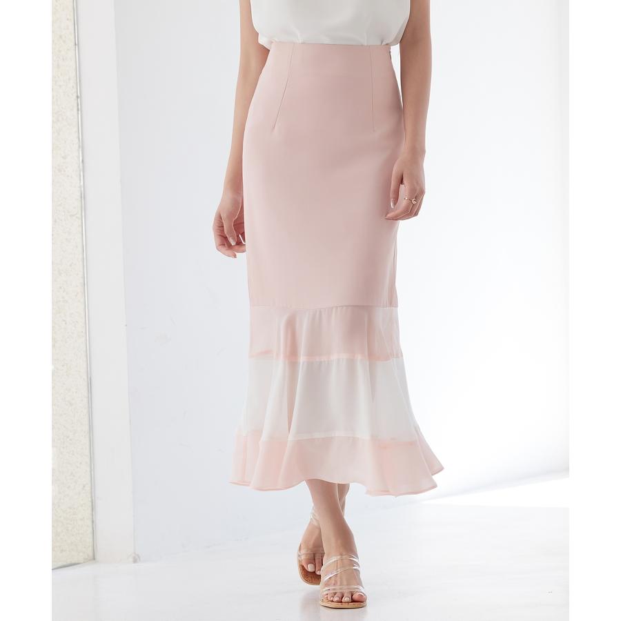 スカート レディース ボトムス ハイウエスト ロング丈 マーメイドシルエット タイトシルエット フィット感 裾配色 シフォン素材 透け感 シアー感 バ |  | 05