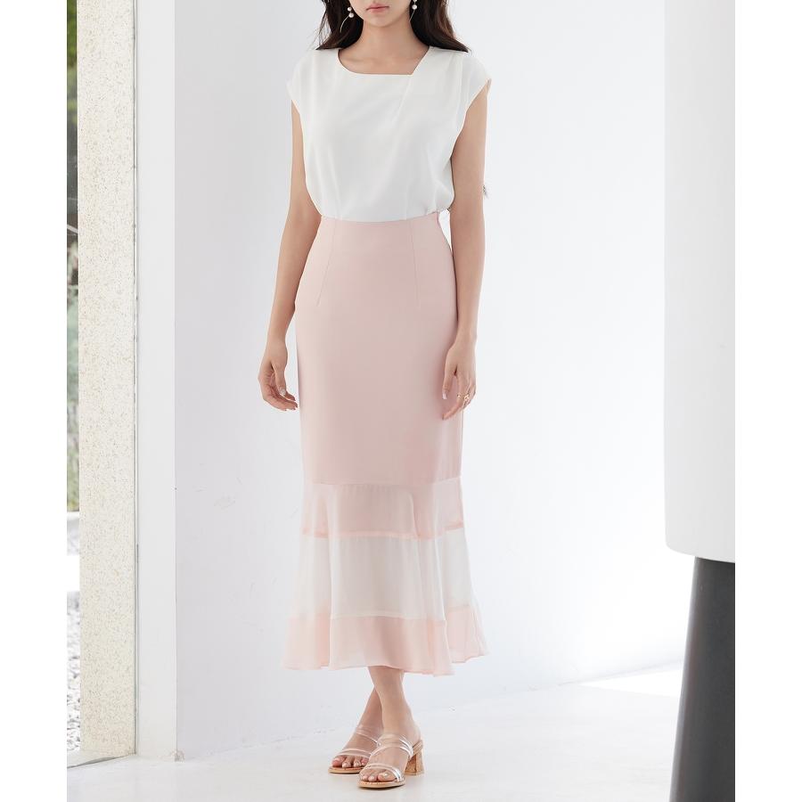 スカート レディース ボトムス ハイウエスト ロング丈 マーメイドシルエット タイトシルエット フィット感 裾配色 シフォン素材 透け感 シアー感 バ |  | 08