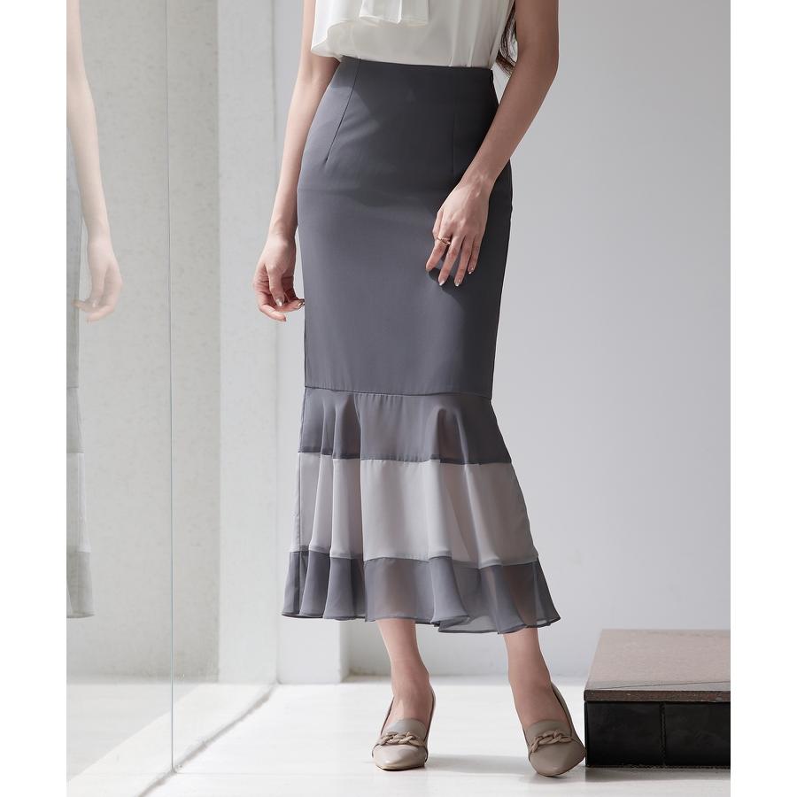 スカート レディース ボトムス ハイウエスト ロング丈 マーメイドシルエット タイトシルエット フィット感 裾配色 シフォン素材 透け感 シアー感 バ |  | 09