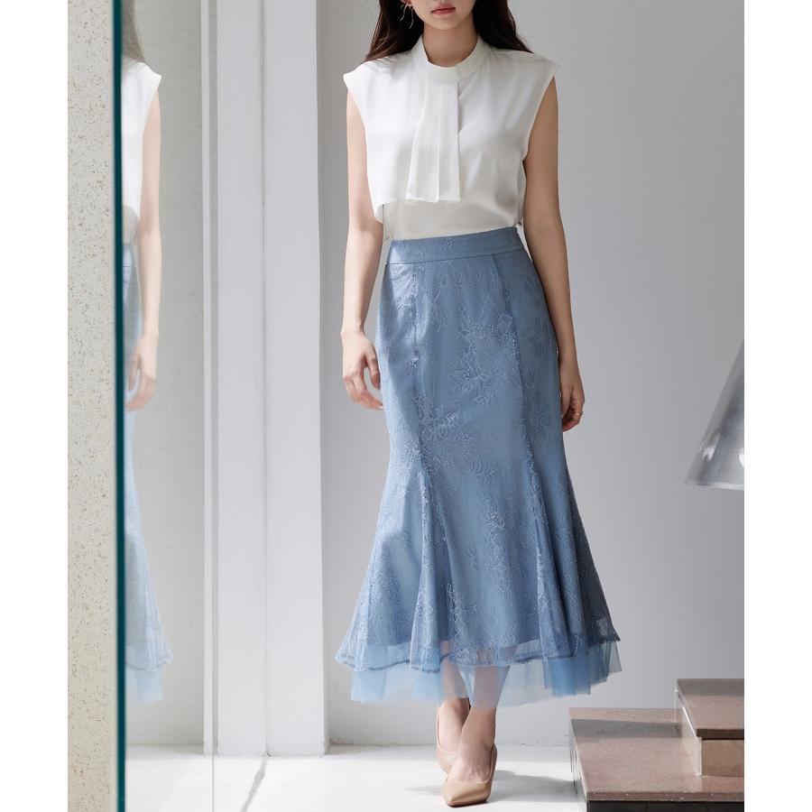 スカート レディース ボトムス ハイウエスト ロングスカート ロング丈 マーメイド裾 総レース 裏地付き 裾チュールドッキング バックゴム 透け感 フ |  | 11