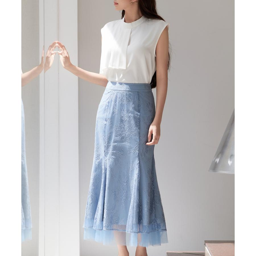 スカート レディース ボトムス ハイウエスト ロングスカート ロング丈 マーメイド裾 総レース 裏地付き 裾チュールドッキング バックゴム 透け感 フ |  | 12