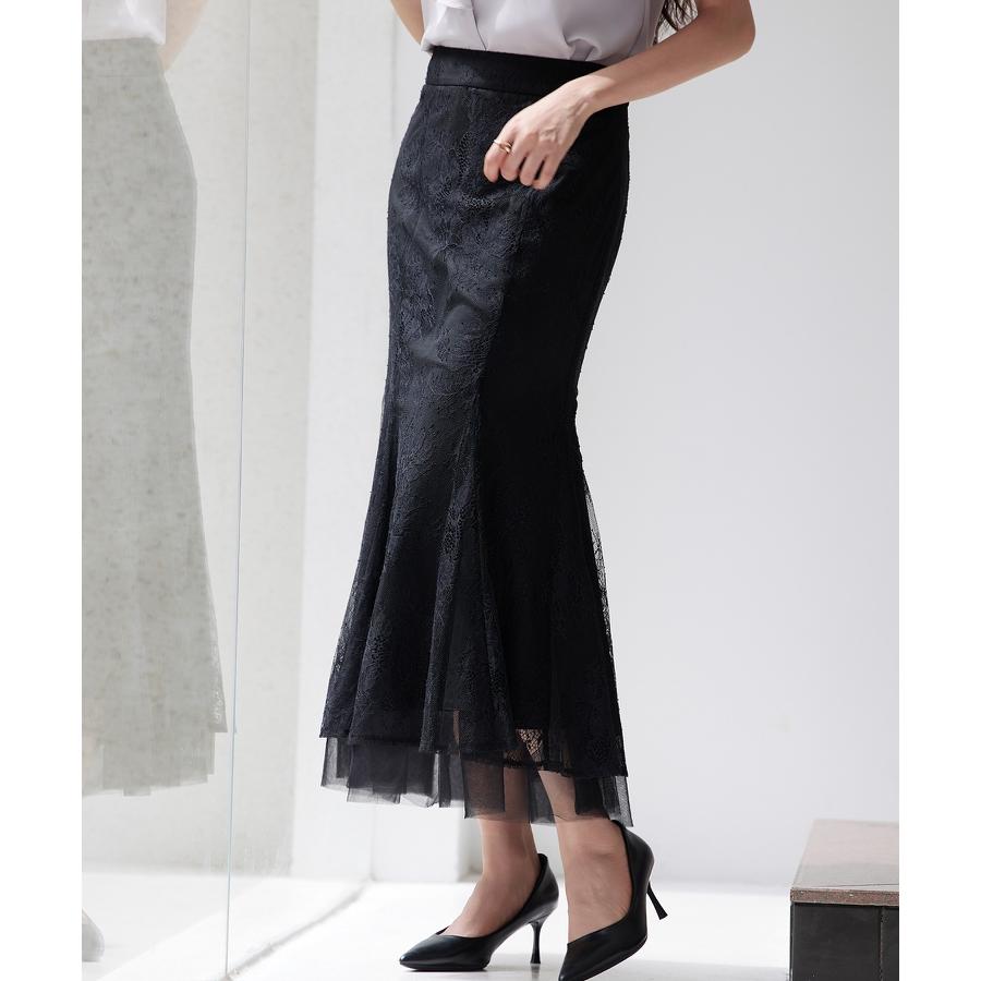 スカート レディース ボトムス ハイウエスト ロングスカート ロング丈 マーメイド裾 総レース 裏地付き 裾チュールドッキング バックゴム 透け感 フ |  | 15