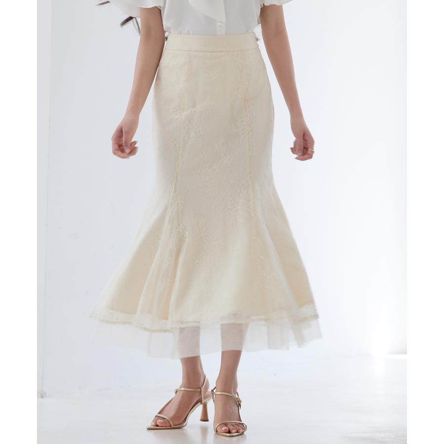 スカート レディース ボトムス ハイウエスト ロングスカート ロング丈 マーメイド裾 総レース 裏地付き 裾チュールドッキング バックゴム 透け感 フ |  | 04