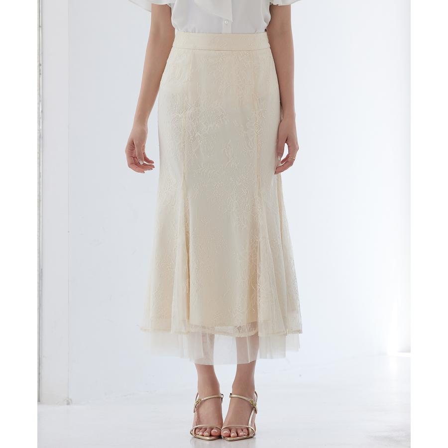 スカート レディース ボトムス ハイウエスト ロングスカート ロング丈 マーメイド裾 総レース 裏地付き 裾チュールドッキング バックゴム 透け感 フ |  | 05