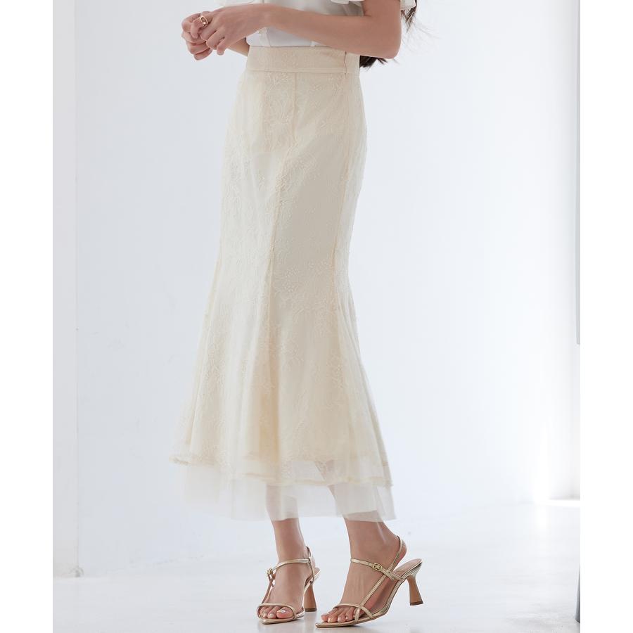 スカート レディース ボトムス ハイウエスト ロングスカート ロング丈 マーメイド裾 総レース 裏地付き 裾チュールドッキング バックゴム 透け感 フ |  | 07