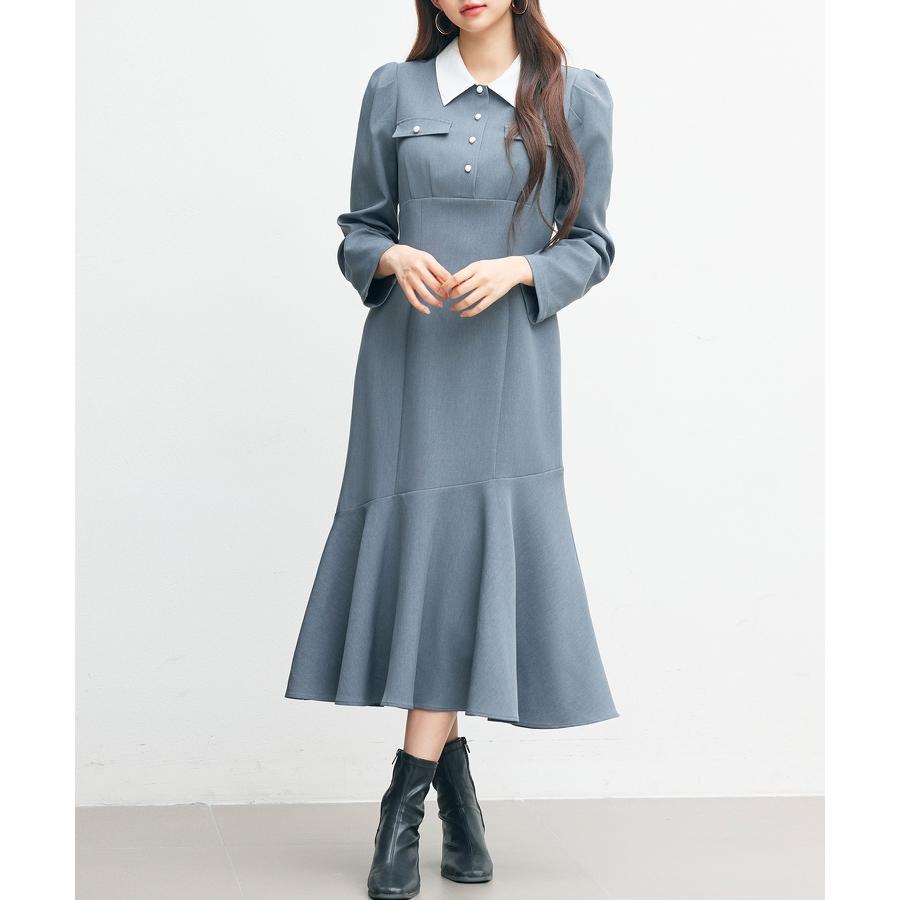 ワンピース ロングワンピース レディース マーメイドシルエット 襟付き ウエスト切り替え ハイウエスト ドッキング ゴムシャーリング フラップ飾り パ |  | 11