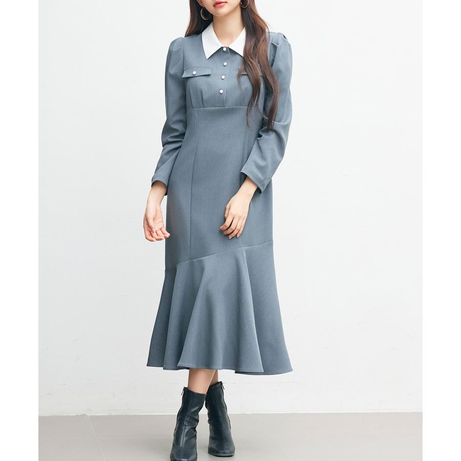 ワンピース ロングワンピース レディース マーメイドシルエット 襟付き ウエスト切り替え ハイウエスト ドッキング ゴムシャーリング フラップ飾り パ |  | 14