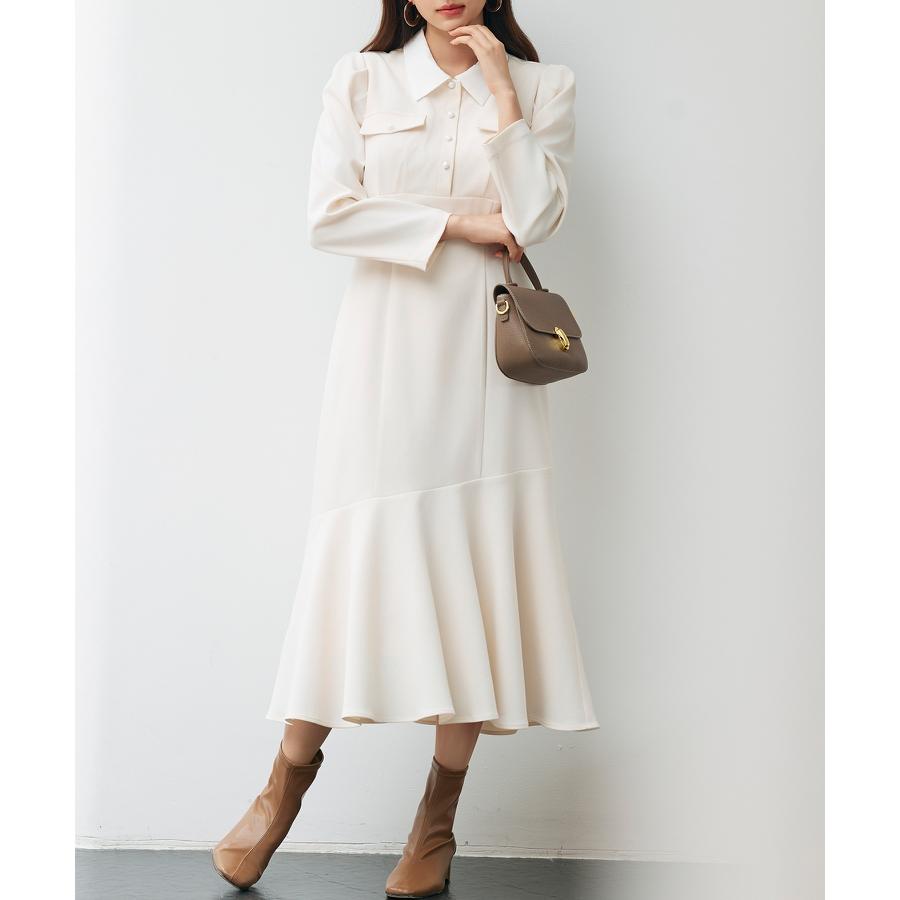 ワンピース ロングワンピース レディース マーメイドシルエット 襟付き ウエスト切り替え ハイウエスト ドッキング ゴムシャーリング フラップ飾り パ |  | 08