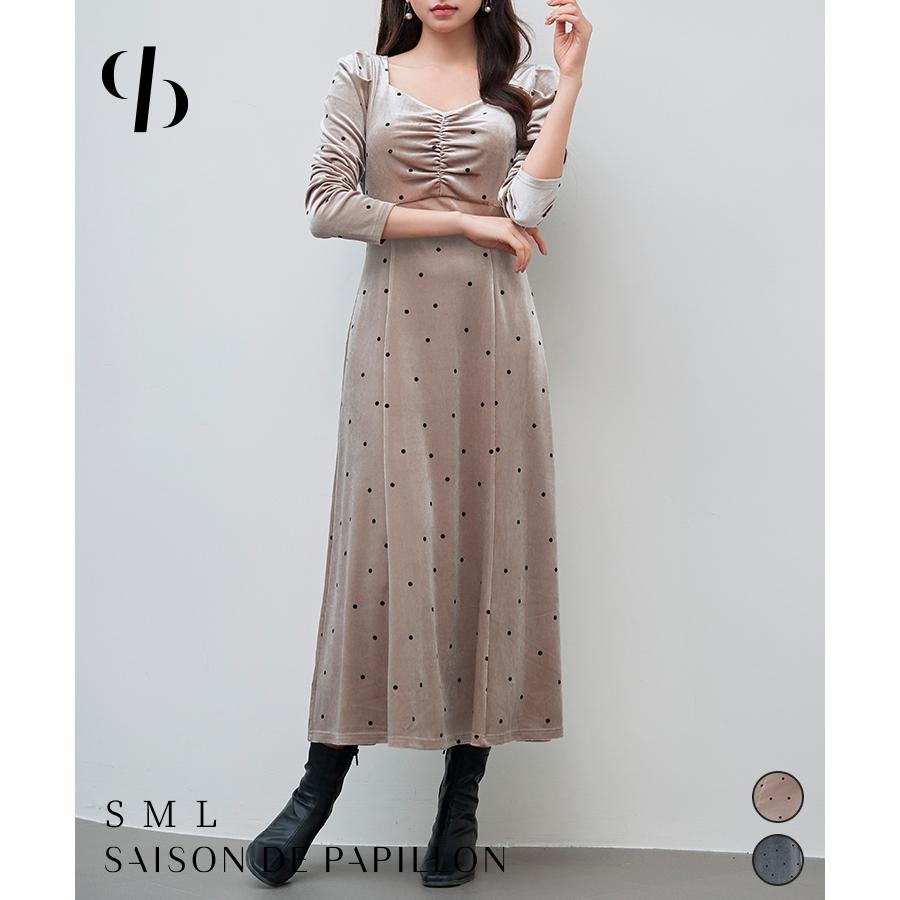 ワンピース ロングワンピース レディース ゆったり 長袖 ベロア素材 ドットプリント ボリュームスリーブ バックゴム 胸元シャーリング パワーショルダ | 