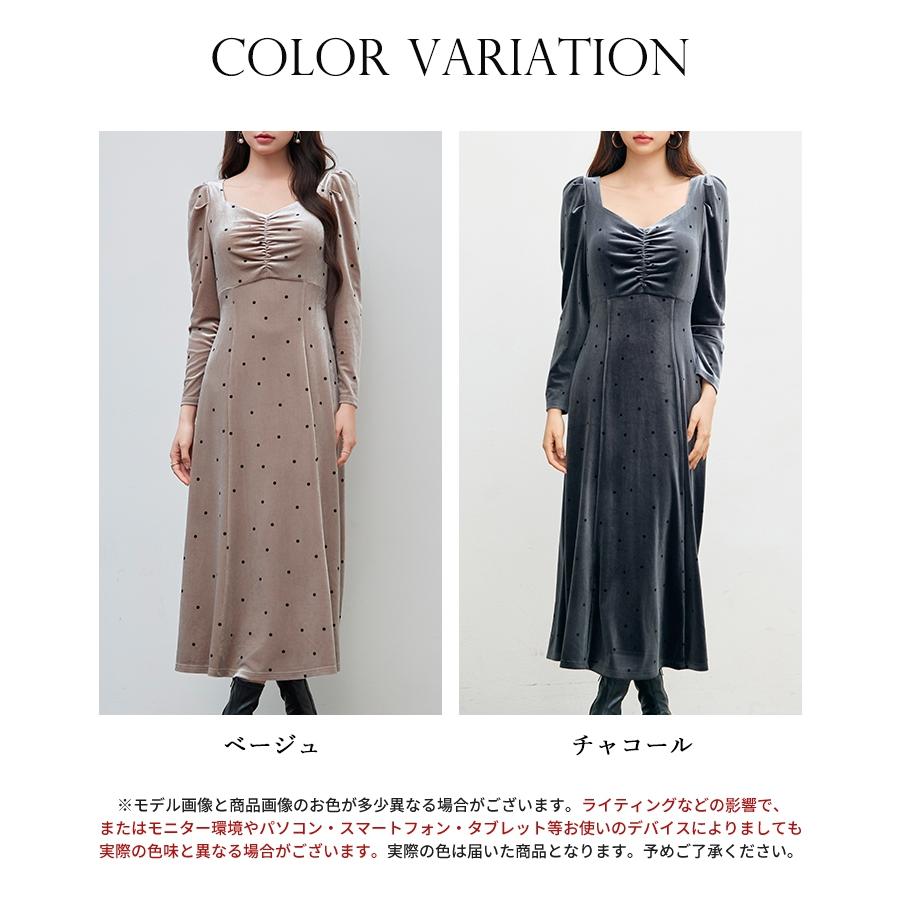 ワンピース ロングワンピース レディース ゆったり 長袖 ベロア素材 ドットプリント ボリュームスリーブ バックゴム 胸元シャーリング パワーショルダ |  | 01
