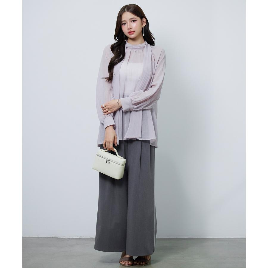 ブラウス レディース トップス シアー素材 シアー加工シフォン生地 透け感 肌見せ レイヤード カップ付きインナー ロング丈 2way ボウタイ ラグ |  | 10