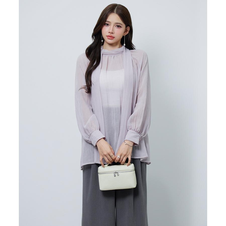 ブラウス レディース トップス シアー素材 シアー加工シフォン生地 透け感 肌見せ レイヤード カップ付きインナー ロング丈 2way ボウタイ ラグ |  | 11