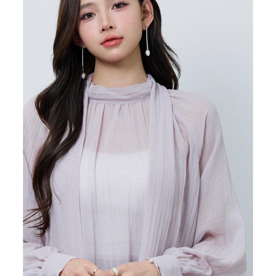 ブラウス レディース トップス シアー素材 シアー加工シフォン生地 透け感 肌見せ レイヤード カップ付きインナー ロング丈 2way ボウタイ ラグ |  | 12