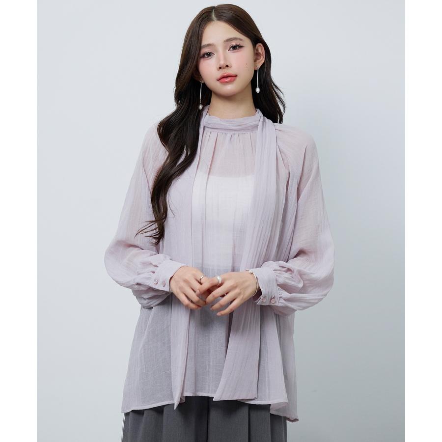 ブラウス レディース トップス シアー素材 シアー加工シフォン生地 透け感 肌見せ レイヤード カップ付きインナー ロング丈 2way ボウタイ ラグ |  | 04