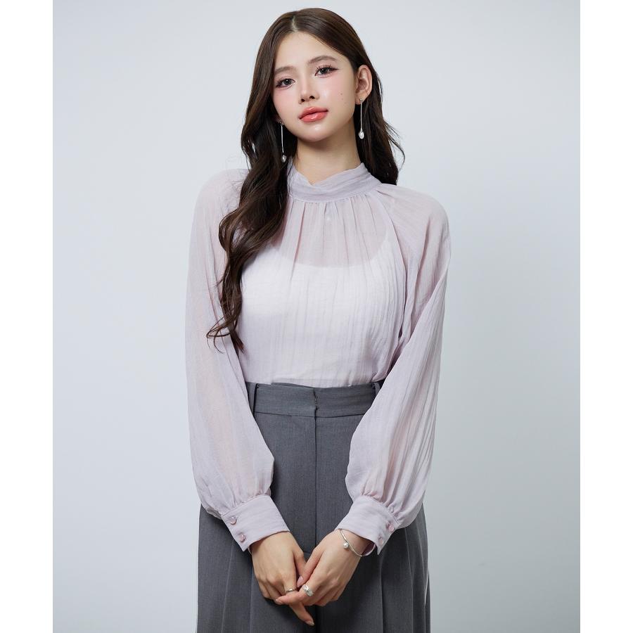 ブラウス レディース トップス シアー素材 シアー加工シフォン生地 透け感 肌見せ レイヤード カップ付きインナー ロング丈 2way ボウタイ ラグ |  | 05