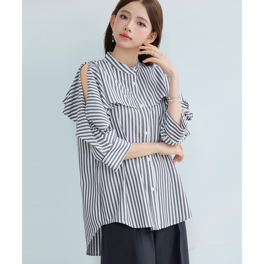 シャツ レディース トップス チュニックシャツ ヨークフリル ストライプ生地 前後差あり 体型カバー ロング丈 七分袖 オープンスリーブ スタンドカラ |  | 11