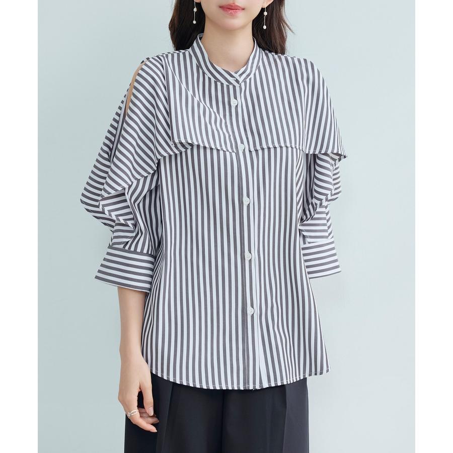 シャツ レディース トップス チュニックシャツ ヨークフリル ストライプ生地 前後差あり 体型カバー ロング丈 七分袖 オープンスリーブ スタンドカラ |  | 13