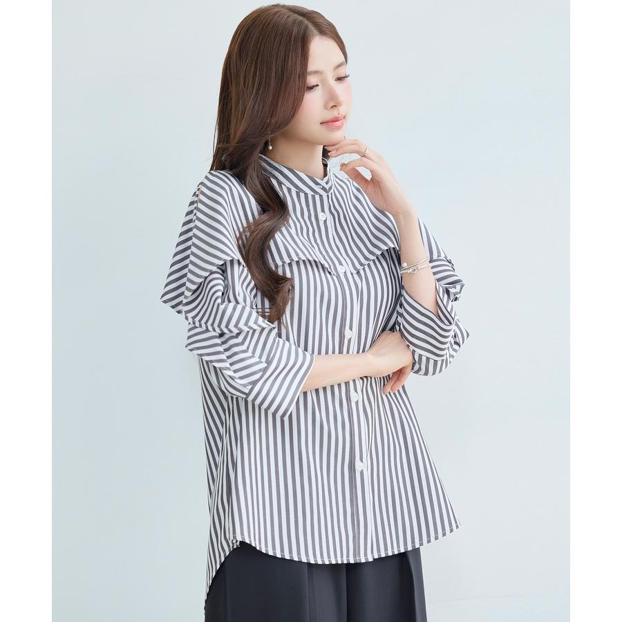 シャツ レディース トップス チュニックシャツ ヨークフリル ストライプ生地 前後差あり 体型カバー ロング丈 七分袖 オープンスリーブ スタンドカラ |  | 14