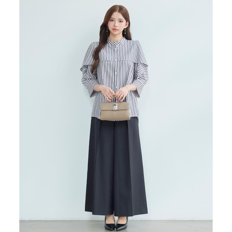 シャツ レディース トップス チュニックシャツ ヨークフリル ストライプ生地 前後差あり 体型カバー ロング丈 七分袖 オープンスリーブ スタンドカラ |  | 16