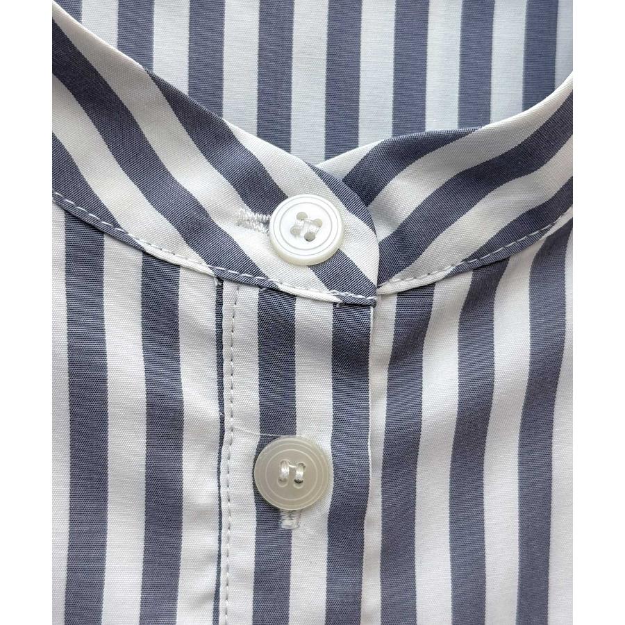 シャツ レディース トップス チュニックシャツ ヨークフリル ストライプ生地 前後差あり 体型カバー ロング丈 七分袖 オープンスリーブ スタンドカラ |  | 17