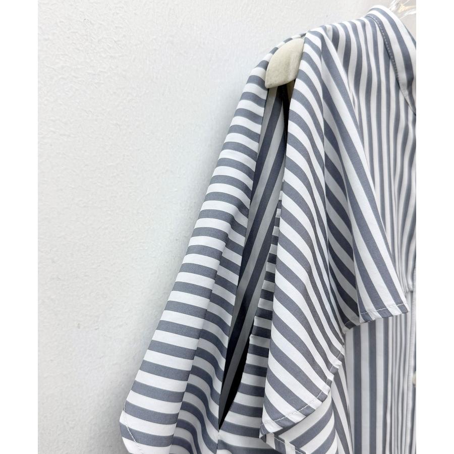 シャツ レディース トップス チュニックシャツ ヨークフリル ストライプ生地 前後差あり 体型カバー ロング丈 七分袖 オープンスリーブ スタンドカラ |  | 18