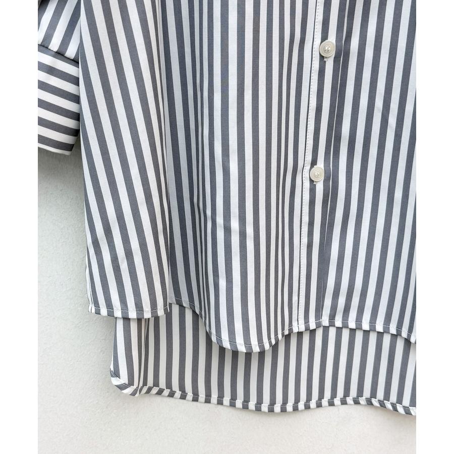 シャツ レディース トップス チュニックシャツ ヨークフリル ストライプ生地 前後差あり 体型カバー ロング丈 七分袖 オープンスリーブ スタンドカラ |  | 19