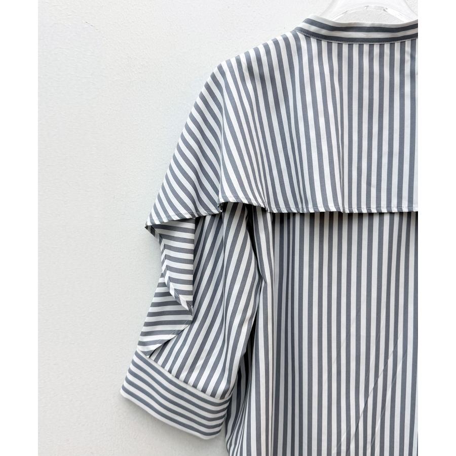 シャツ レディース トップス チュニックシャツ ヨークフリル ストライプ生地 前後差あり 体型カバー ロング丈 七分袖 オープンスリーブ スタンドカラ |  | 20