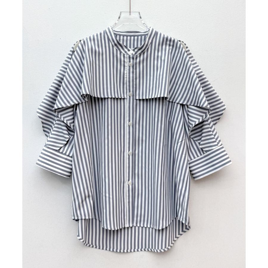 シャツ レディース トップス チュニックシャツ ヨークフリル ストライプ生地 前後差あり 体型カバー ロング丈 七分袖 オープンスリーブ スタンドカラ |  | 02