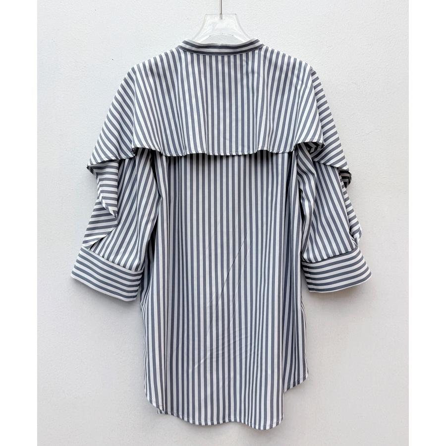 シャツ レディース トップス チュニックシャツ ヨークフリル ストライプ生地 前後差あり 体型カバー ロング丈 七分袖 オープンスリーブ スタンドカラ |  | 03