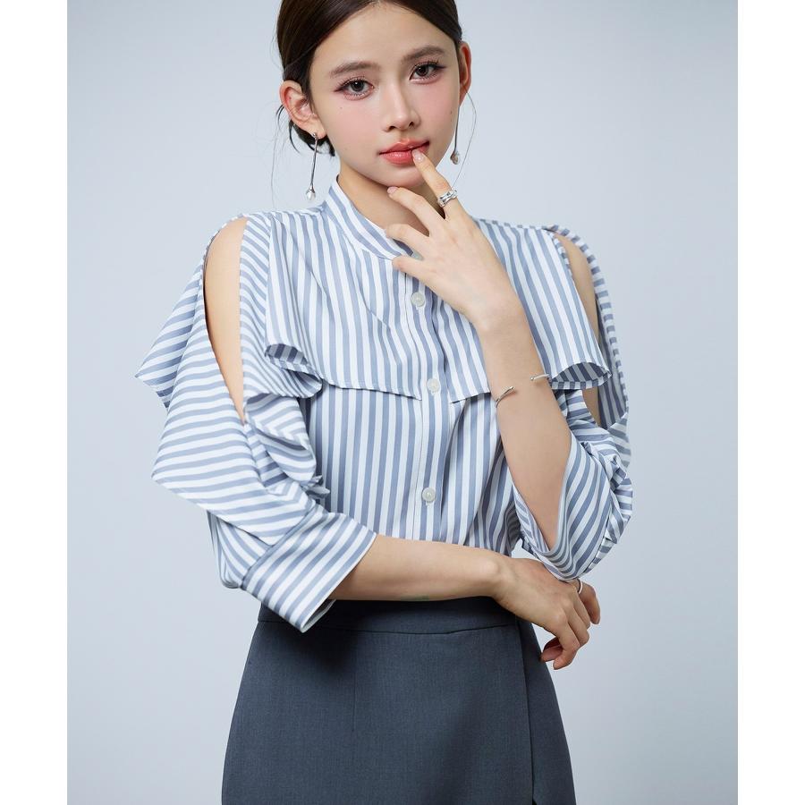 シャツ レディース トップス チュニックシャツ ヨークフリル ストライプ生地 前後差あり 体型カバー ロング丈 七分袖 オープンスリーブ スタンドカラ |  | 04