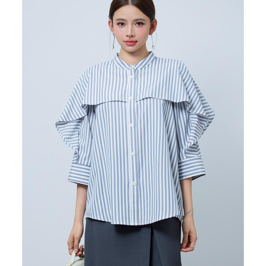 シャツ レディース トップス チュニックシャツ ヨークフリル ストライプ生地 前後差あり 体型カバー ロング丈 七分袖 オープンスリーブ スタンドカラ |  | 05