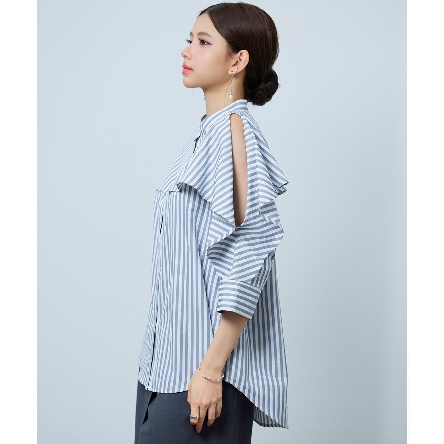 シャツ レディース トップス チュニックシャツ ヨークフリル ストライプ生地 前後差あり 体型カバー ロング丈 七分袖 オープンスリーブ スタンドカラ |  | 06