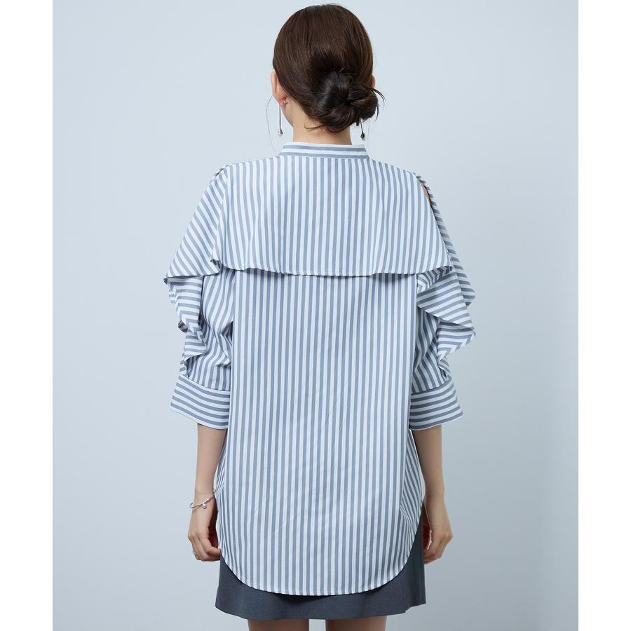 シャツ レディース トップス チュニックシャツ ヨークフリル ストライプ生地 前後差あり 体型カバー ロング丈 七分袖 オープンスリーブ スタンドカラ |  | 07