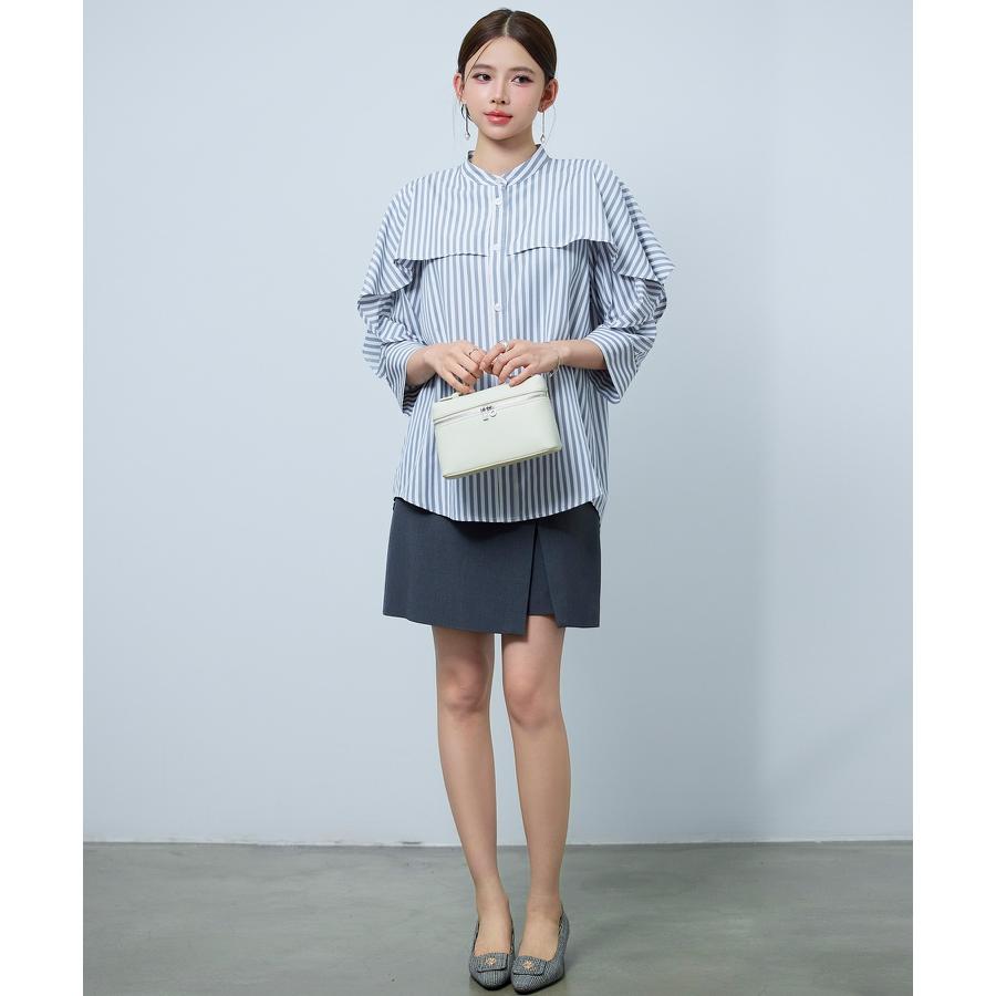 シャツ レディース トップス チュニックシャツ ヨークフリル ストライプ生地 前後差あり 体型カバー ロング丈 七分袖 オープンスリーブ スタンドカラ |  | 08