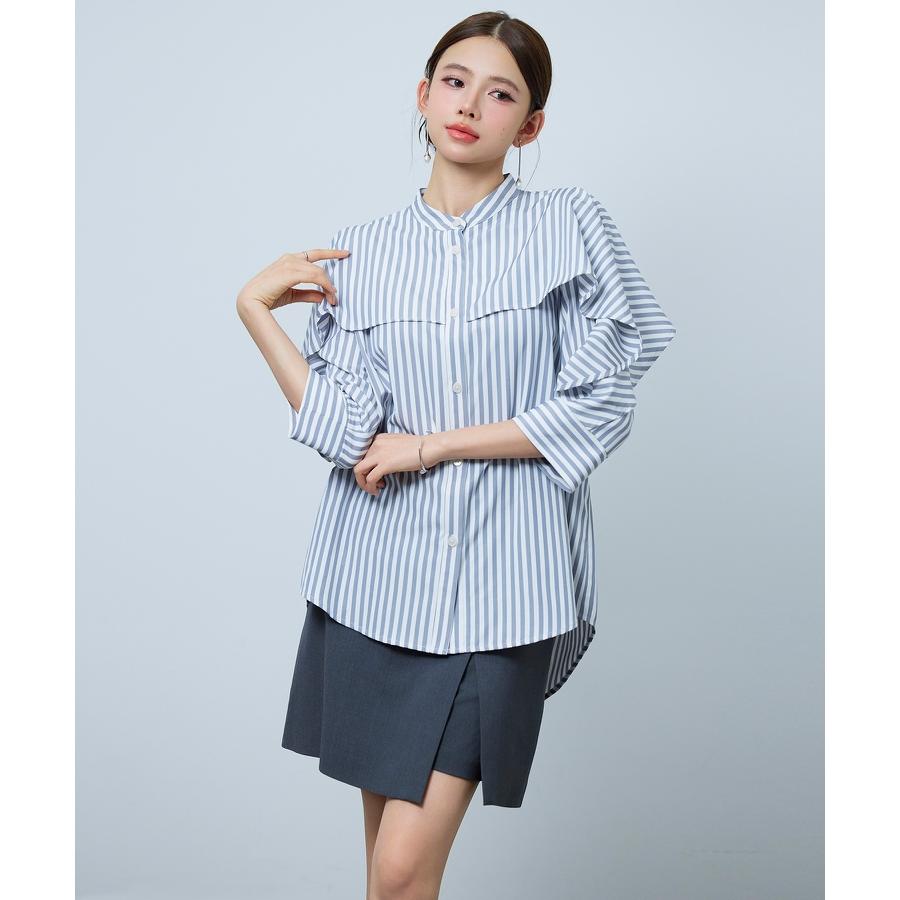 シャツ レディース トップス チュニックシャツ ヨークフリル ストライプ生地 前後差あり 体型カバー ロング丈 七分袖 オープンスリーブ スタンドカラ |  | 09