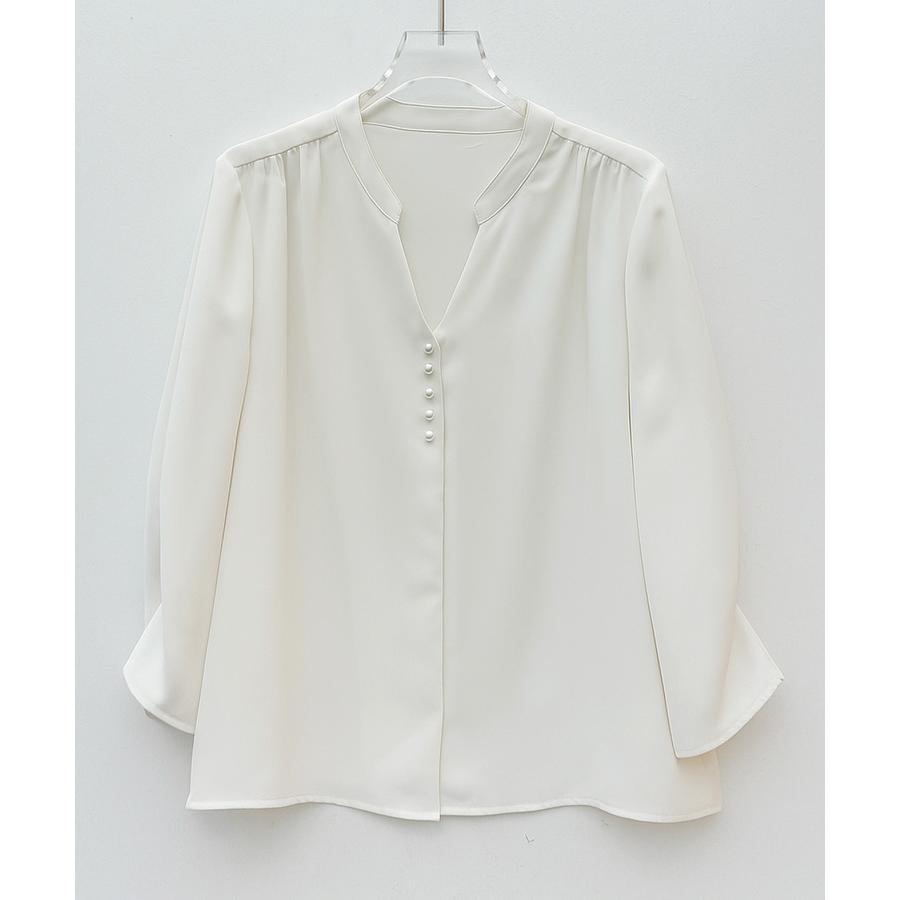 レディース ブラウス シャツ トップス オフィスカジュアル 通勤 七分袖 長袖 ツイル生地 スキッパーネック フェミニン きれいめ ギャザー ギャザー |  | 01