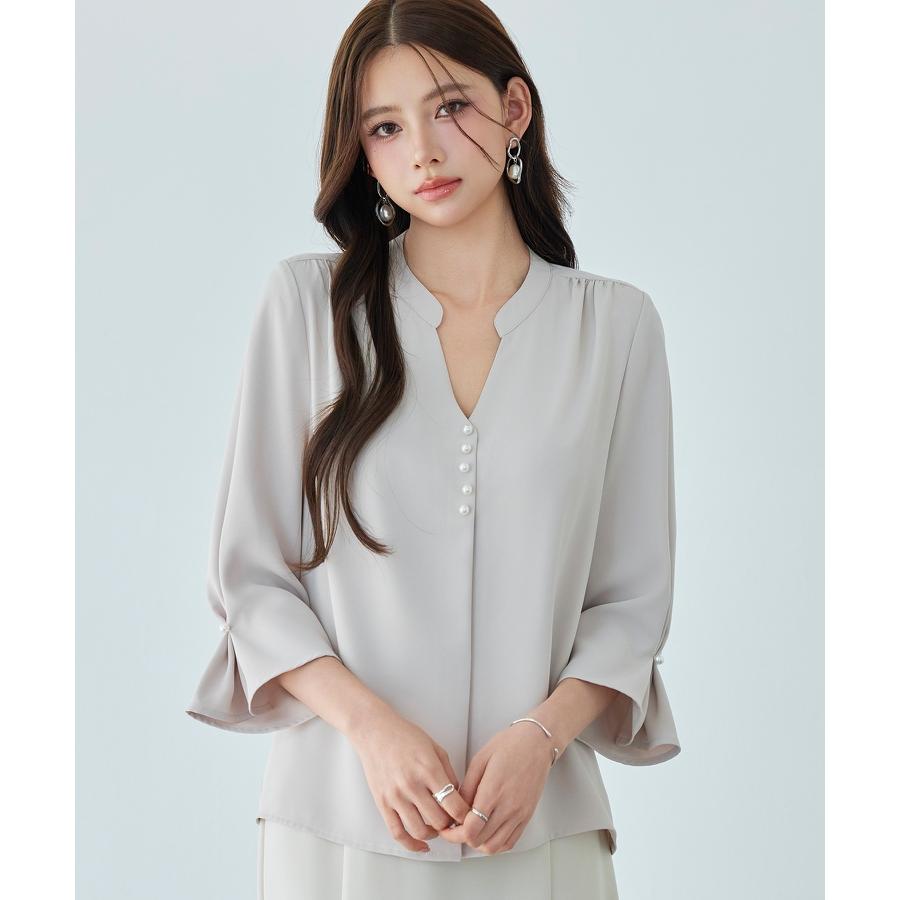 レディース ブラウス シャツ トップス オフィスカジュアル 通勤 七分袖 長袖 ツイル生地 スキッパーネック フェミニン きれいめ ギャザー ギャザー |  | 03