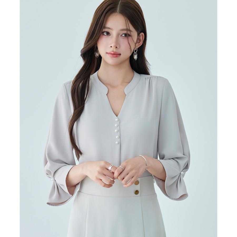 レディース ブラウス シャツ トップス オフィスカジュアル 通勤 七分袖 長袖 ツイル生地 スキッパーネック フェミニン きれいめ ギャザー ギャザー |  | 04