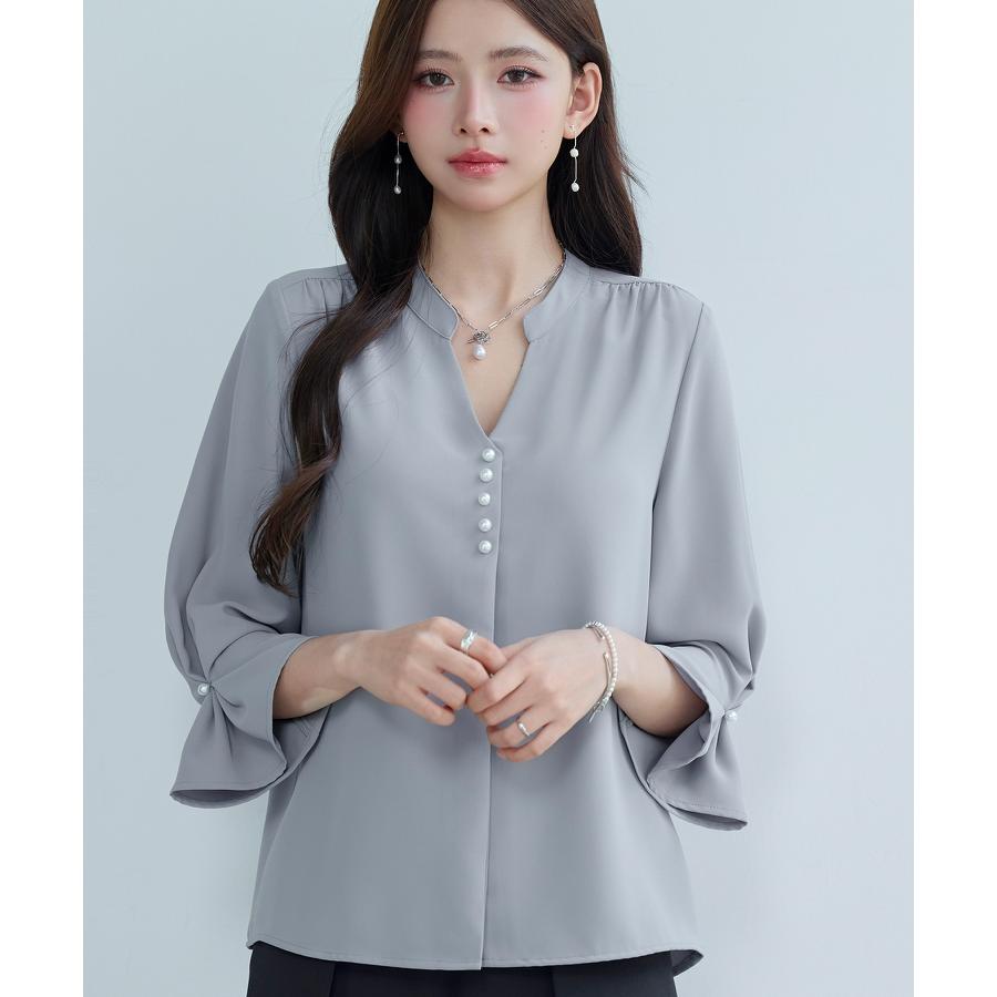 レディース ブラウス シャツ トップス オフィスカジュアル 通勤 七分袖 長袖 ツイル生地 スキッパーネック フェミニン きれいめ ギャザー ギャザー |  | 08