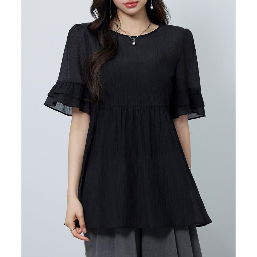 ブラウス レディース トップス フリル ペプラムデザイン シアー素材 二段フリル ふんわり ボリューム 半袖 透け感 Uネック インナー付き 2点セッ |  | 10