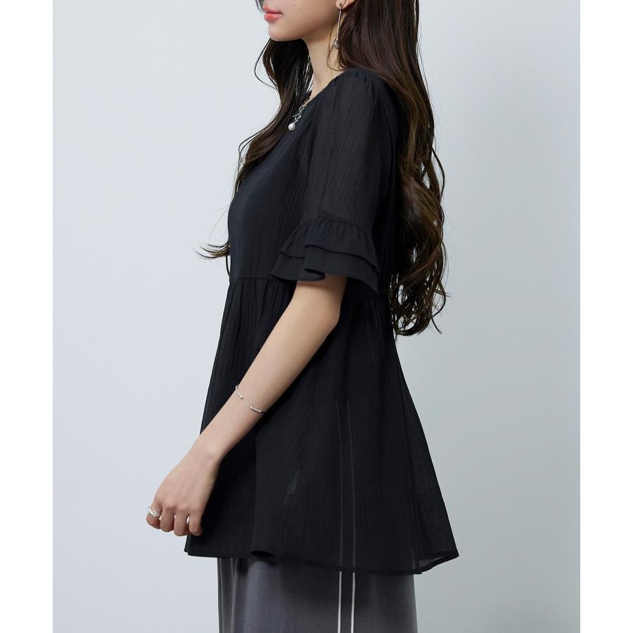 ブラウス レディース トップス フリル ペプラムデザイン シアー素材 二段フリル ふんわり ボリューム 半袖 透け感 Uネック インナー付き 2点セッ |  | 12