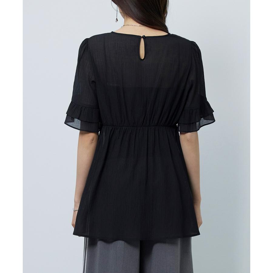 ブラウス レディース トップス フリル ペプラムデザイン シアー素材 二段フリル ふんわり ボリューム 半袖 透け感 Uネック インナー付き 2点セッ |  | 13