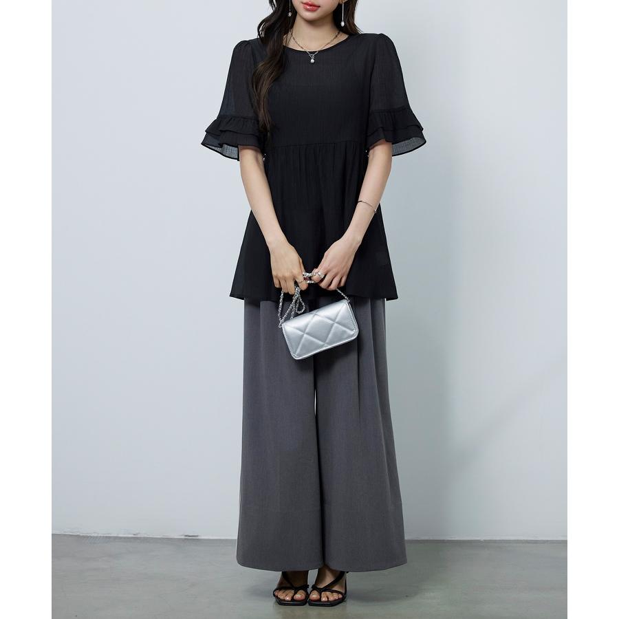 ブラウス レディース トップス フリル ペプラムデザイン シアー素材 二段フリル ふんわり ボリューム 半袖 透け感 Uネック インナー付き 2点セッ |  | 14