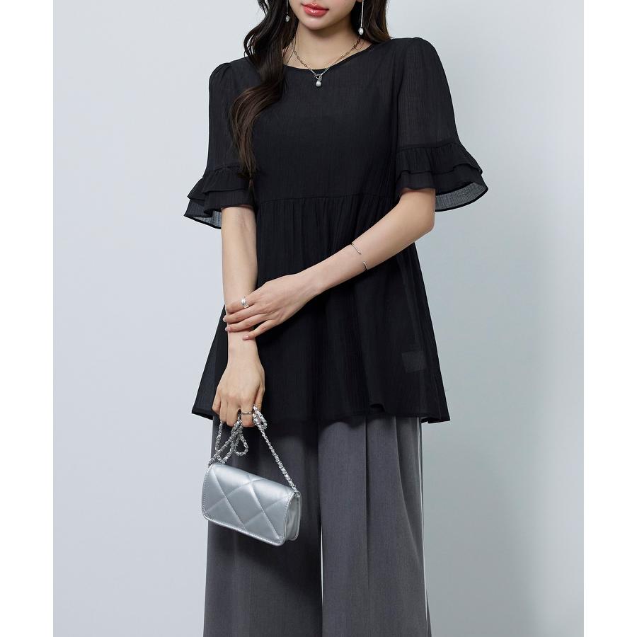 ブラウス レディース トップス フリル ペプラムデザイン シアー素材 二段フリル ふんわり ボリューム 半袖 透け感 Uネック インナー付き 2点セッ |  | 15