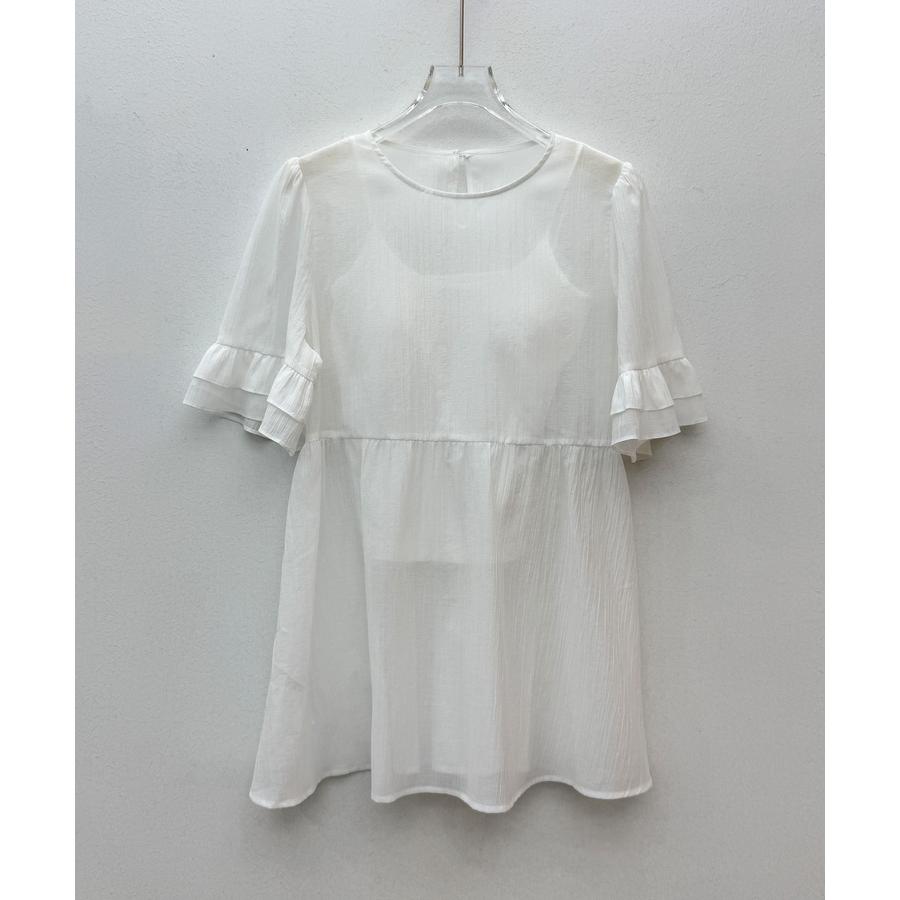 ブラウス レディース トップス フリル ペプラムデザイン シアー素材 二段フリル ふんわり ボリューム 半袖 透け感 Uネック インナー付き 2点セッ |  | 02